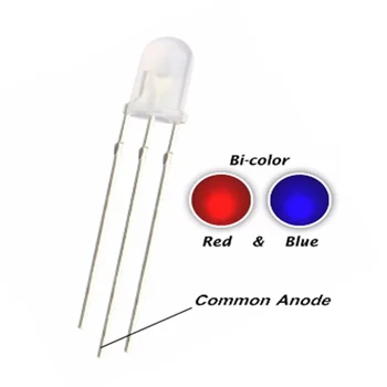 100ШТ 5 мм Красный + синий Двухцветный DIP LED С общим анодом, Рассеянный R + B, Двухцветный Круглый головной светильник, Световые бусины