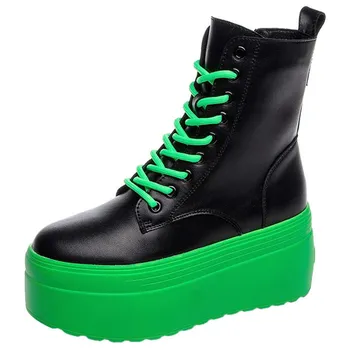 2023 г. Ботильоны из натуральной кожи, зеленые женские ботинки на платформе, толстая подошва, повседневные женские армейские ботинки на шнуровке, массивная обувь