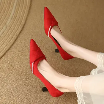 32-48 Красные женские туфли с острым носком на толстом каблуке высотой 7,5 см, со стразами, сексуальные черные женские свадебные туфли на каблуках