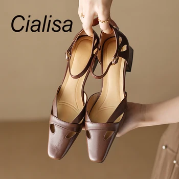 Cialisa/ Летняя женская обувь из натуральной кожи; Новинка 2023 года; Повседневные женские босоножки с квадратным носком и ремешком с пряжкой; обувь на среднем каблуке 3,5 см; Цвет коричневый