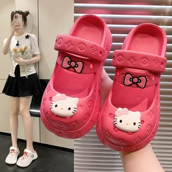 Kawaii Sanrio Hello Kitty, тапочки на толстой платформе, женские сандалии-горки на мягкой подошве, женские летние пляжные нескользящие шлепанцы