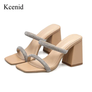 Kcenid/ Новые модные женские тапочки с квадратным носком и стразами на высоком каблуке с узкой лентой, Летние банкетные туфли на квадратном каблуке