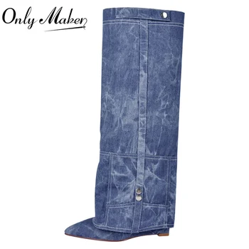Onlymaker, женские джинсовые сапоги на танкетке с острым носком, фирменные Женские сапоги до колена на высоком каблуке