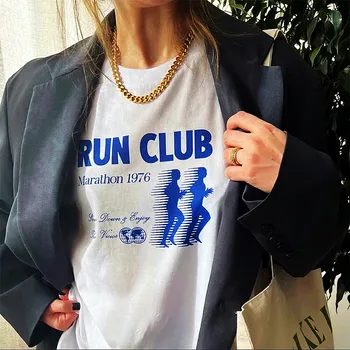 Американский Ретро-спортивный клуб для бега двух человек, Женские белые футболки с графическим рисунком, Летняя Уличная мода, Топы с коротким рукавом, Хлопковая футболка