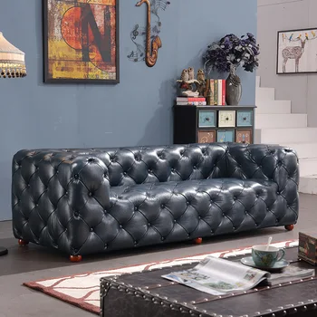 Американский легкий роскошный диван в индустриальном стиле, кожаный диван для приема гостей с пряжкой в стиле ретро, кожаный диван из микрофибры с масляным воском для проживания в семье