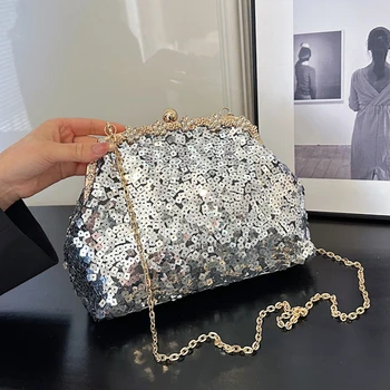 Брендовая дизайнерская сумка через плечо в виде ракушки, женская большая многофункциональная сумка с блестками, серебряная сумка на цепочке, Повседневные сумки для покупок