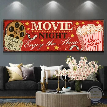 Винтажные плакаты и принты с попкорном для кинотеатра, настенное искусство, картина на холсте в стиле ретро, домашний кинотеатр для декора гостиной