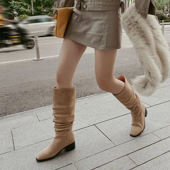 Высокие сапоги без застежки INS, женская зимняя простая обувь в складку, Женские ботинки из коровьей замши, Корейский классический стиль, весенне-осенние женские ботинки