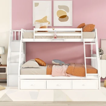 Двухъярусная кровать с выдвижными ящиками, с приставной лестницей и лестницей для хранения, белый