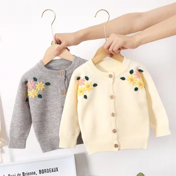 Детские свитера, весенне-осенний вязаный кардиган, свитер с ручной вышивкой для девочки в цветочек, вязаное пальто Invierno Niña