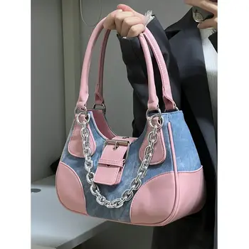 Женская розовая сумка через плечо Y2k, роскошная дизайнерская сумочка через плечо в готическом стиле с цепочкой, стильная джинсовая ткань для крутых девушек, новинка большой емкости