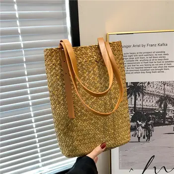 Женская сумка Тканая сумка-ведро Женская сумка через плечо Винтажная соломенная тканая сумка Ins, сумка для покупок большой емкости, сумка для отдыха, дорожная сумка