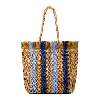 Женская сумка ручной работы из натуральной соломы с модной кисточкой и полосатыми летними пляжными сумочками для девочек, сумки через плечо