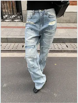 Женские джинсы с заплатками с высокой талией и дырками, весна и лето 2023, Новые прямые брюки Ins в уличном стиле