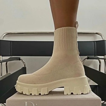 Женские носки, вязаные эластичные кроссовки на платформе с высоким берцем, повседневная обувь без застежки на толстой подошве, Британские ботильоны на массивном каблуке.