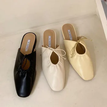 Женские тапочки-шлепанцы с квадратным носком на эластичной шнуровке, 2021 г., летняя обувь из мягкой кожи, женские сандалии, шлепанцы на плоской подошве