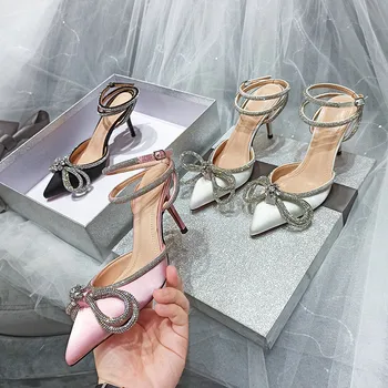 Женские туфли-лодочки с блестящими стразами в стиле подиума, Атласная летняя женская обувь из натуральной кожи на высоком каблуке для вечеринки и выпускного вечера