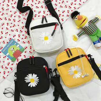 Женские холщовые сумки для мобильных телефонов с ромашкой на молнии, простые сумки через плечо, универсальная Корейская сумка, повседневная женская сумка через плечо с клапаном