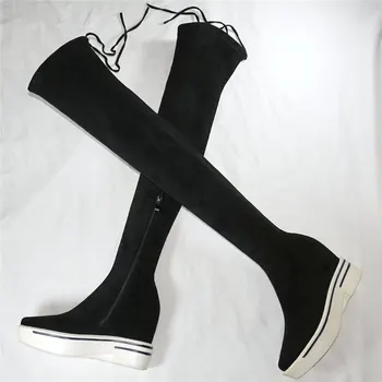 Зимние модные кроссовки, женские эластичные бархатные сапоги выше колена на танкетке, женские туфли-лодочки на платформе с острым носком, повседневная обувь