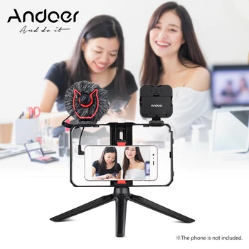 Комплект видеокамеры для смартфона Andoer со светодиодной подсветкой, кронштейн для микрофона, штатив для записи видео на телефон в прямом эфире.