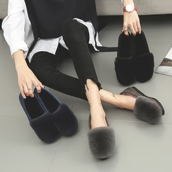 Короткая зимняя женская плюшевая обувь из однотонного лианного флока на плоской подошве с нескользящей кроличьей шерстью, удобные женские лоферы с круглым носком, обувь на платформе 42/43