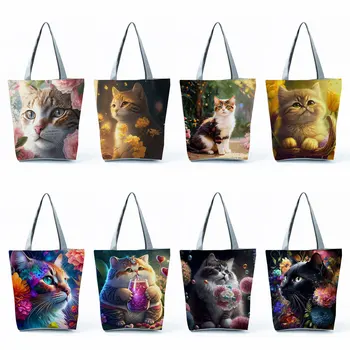 Красивые сумки с мультяшным котом, женские пляжные сумки большой емкости, эко-сумки многоразового использования, портативные