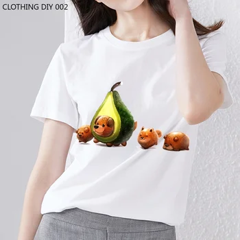 Летняя женская милая повседневная футболка, простая тонкая футболка для пригородных поездок, белый топ с рисунком аниме, милый принт Счастливого авокадо, короткий рукав