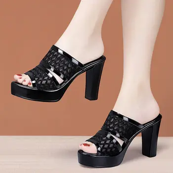 Маленький размер 32-43, Пикантные сетчатые туфли на платформе с вырезами, Женские кожаные тапочки 2023, Летние босоножки на высоком каблуке, офисная модель