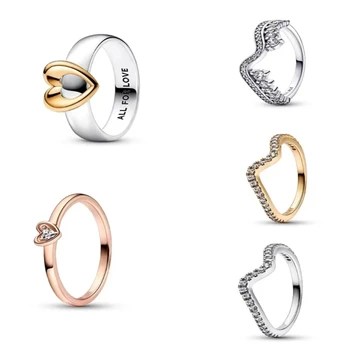 Модное блестящее двухцветное кольцо в виде сердца 2023 года, подходящее для оригинальных аксессуаров из стерлингового серебра 925 пробы, шпажка своими руками