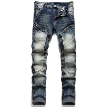 Мужские джинсы для мотоциклистов в стиле ретро с застежкой-молнией, джинсовые брюки в стиле пэчворк, повседневные брюки-карго, уличная одежда, дизайнерские джинсы Hombre