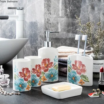 Набор для мытья посуды с цветочным узором в европейском стиле, керамика, набор из пяти предметов, мыльница, чашка для полоскания, держатель для зубной щетки, бутылочка для мыла, декор ванной комнаты