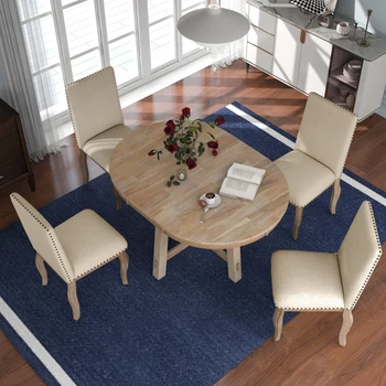Обеденный стол в фермерском доме из 5 предметов, деревянный круглый раздвижной обеденный стол и 4 мягких обеденных стула (мойка из натурального дерева)