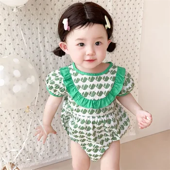 Одежда для новорожденных, ползунки, Лето 2023, Корейское боди для маленьких девочек, Хлопковая одежка для девочек с цветочным принтом, одежда для девочек