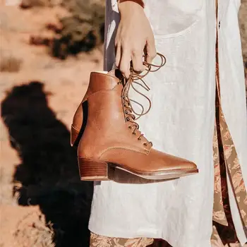 Осенне-зимние женские ботильоны на толстом каблуке, короткие ботинки на высоком каблуке со шнуровкой, модная женская обувь из кожи в стиле ретро, Botas Mujer