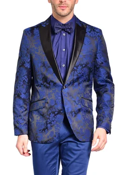 Приталенный мужской атласный пиджак с отворотом синего цвета в цветочек, смокинг, костюм для свадебной вечеринки, 2 предмета, куртка + брюки
