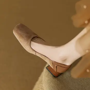 Размер 34-42 Женская обувь на каблуках из натуральной кожи из овчины, однотонная модная обувь для девочек, удобная обувь на толстом высоком каблуке для поездок на работу