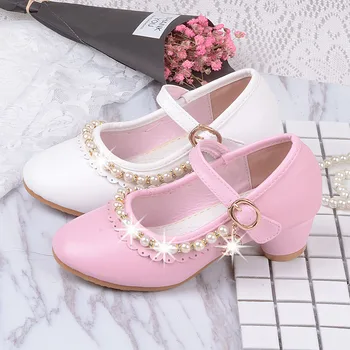 Розово-белая детская обувь на высоком каблуке для девочек, Свадебная вечеринка, Кожаная повседневная обувь, модные расшитые бисером туфли принцессы на высоком каблуке, Элегантные