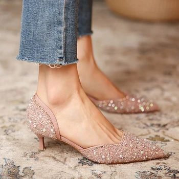 Свадебные женщины Comemore это туфли элегантные 2022 новый кристалл элегантный заостренный носок средний каблук сексуальные женщины партия обуви насосы Белый