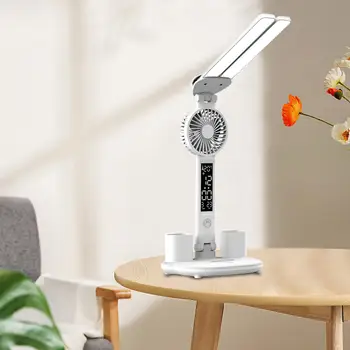 Светодиодная настольная лампа с вентилятором, подставкой для телефона, настольная лампа с двойной головкой, часами, датой, температурой, 3 режима, Складная настольная лампа USB для общежития