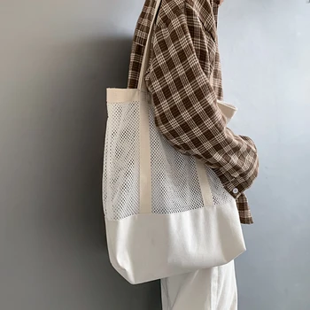 Сетчатая сумка через плечо в корейском стиле, женская повседневная Полая дорожная пляжная сумка, Большая вместительная сумка для покупок, холщовая Женская сумка-тоут