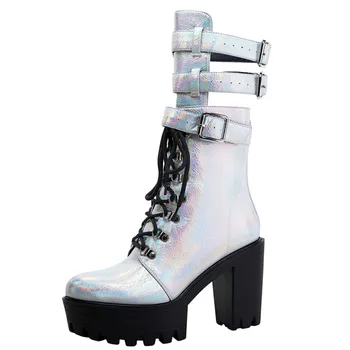 Совершенно новые Женские ботильоны с металлической пряжкой, модные женские ботинки на платформе в стиле панк, женские кроссовки с перекрестной шнуровкой на высоком каблуке