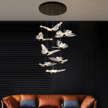 Современная светодиодная люстра бабочка лестничный светильник Nordic двухуровневый чердачный светильник с длинной линией вилла, квартира, ресторан, люстра для внутреннего освещения
