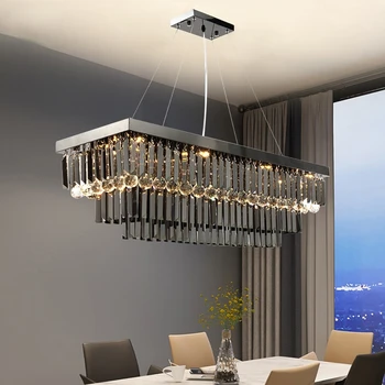 Современная черная хрустальная люстра для столовой, прямоугольный кухонный остров, подвесные светильники cristal, роскошный домашний декор, светодиодная подсветка