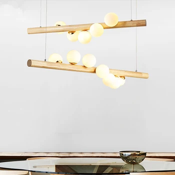 Современные светодиодные подвесные светильники из длинного дерева Люстра со стеклянным шаром Художественный Дизайнерский светильник Деревянная подвесная лампа G9 для освещения столовой