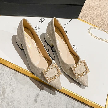 Туфли-лодочки на высоком французском каблуке с квадратной пряжкой, инкрустированные модной крупной весенне-осенней женской обувью 2023 года выпуска