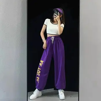 Фиолетовые спортивные брюки прохладный хип-хоп Письмо печати свободные, корейский пара повседневная Джаз танцевальные брюки для бега Женские брюки