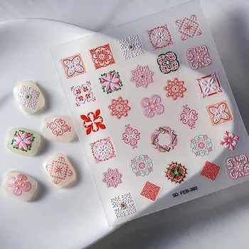 Элегантные Розовые расписные цветы в богемном стиле, 5D Мягкие Рельефные самоклеящиеся наклейки для дизайна ногтей, 3D Наклейки для дизайна ногтей