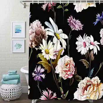Яркая занавеска для душа в виде цветка, листья растений с цветочным синим рисунком, Полиэфирная ткань, Водонепроницаемый декор для ванной комнаты с 12 крючками