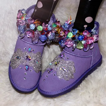 зимние женские зимние ботинки оригинальный дизайн, разноцветные женские ботинки с кристаллами для девочек, круглый носок, обувь из натуральной кожи с хлопковой подкладкой на плоской подошве, каблук